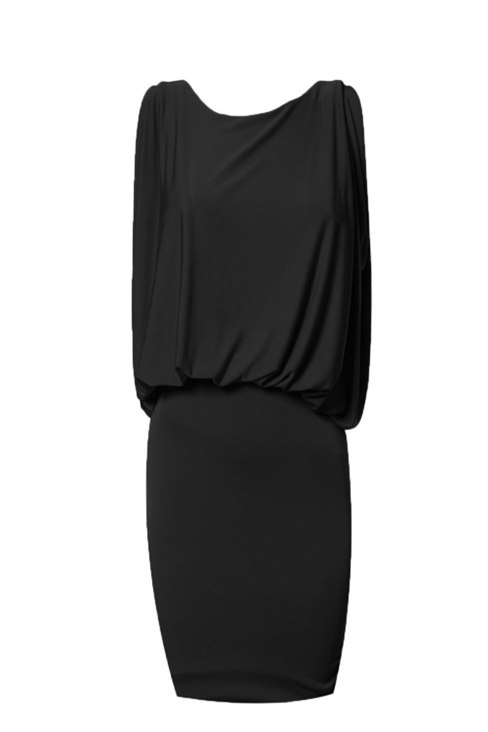 mini vestido negro drapeado con espalda en V Q2