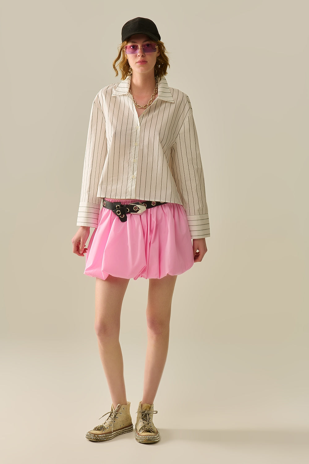 Minifalda abombada de popelina rosa Q2