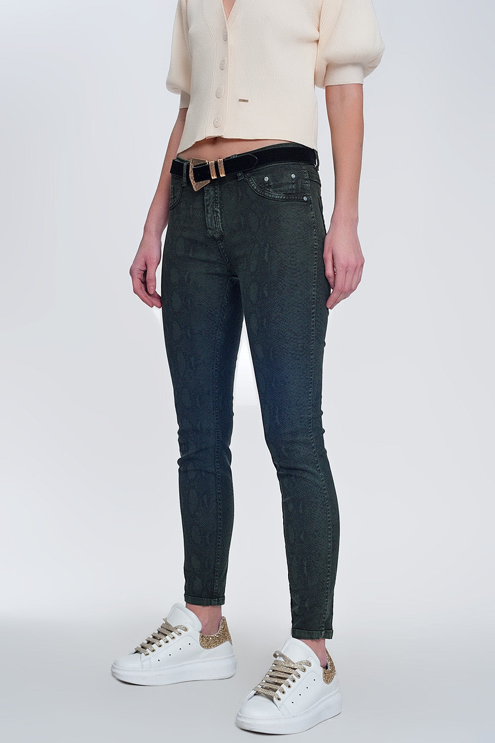 Q2 Pantalon estampado serpiente reversible en caqui