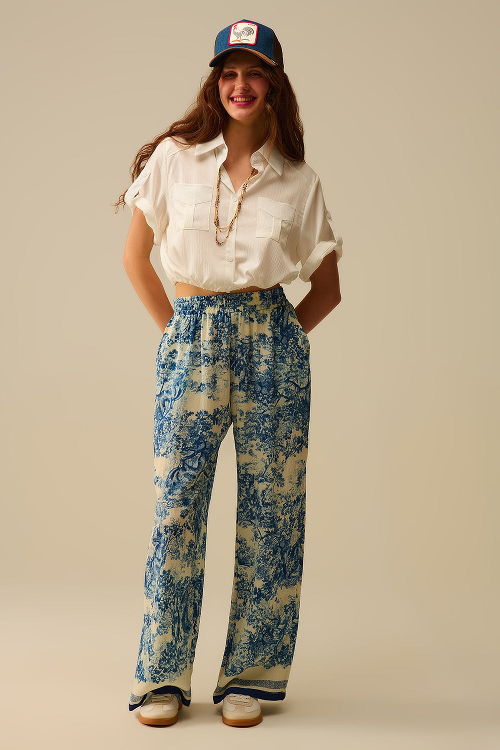 Pantalón fluido estampado Toile de Jouy con cintura elástica Q2