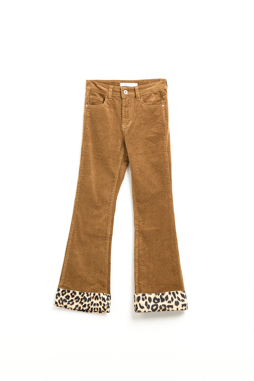 Pantalones acampanados de pana marrón con estampado de leopardo en el bajo Q2