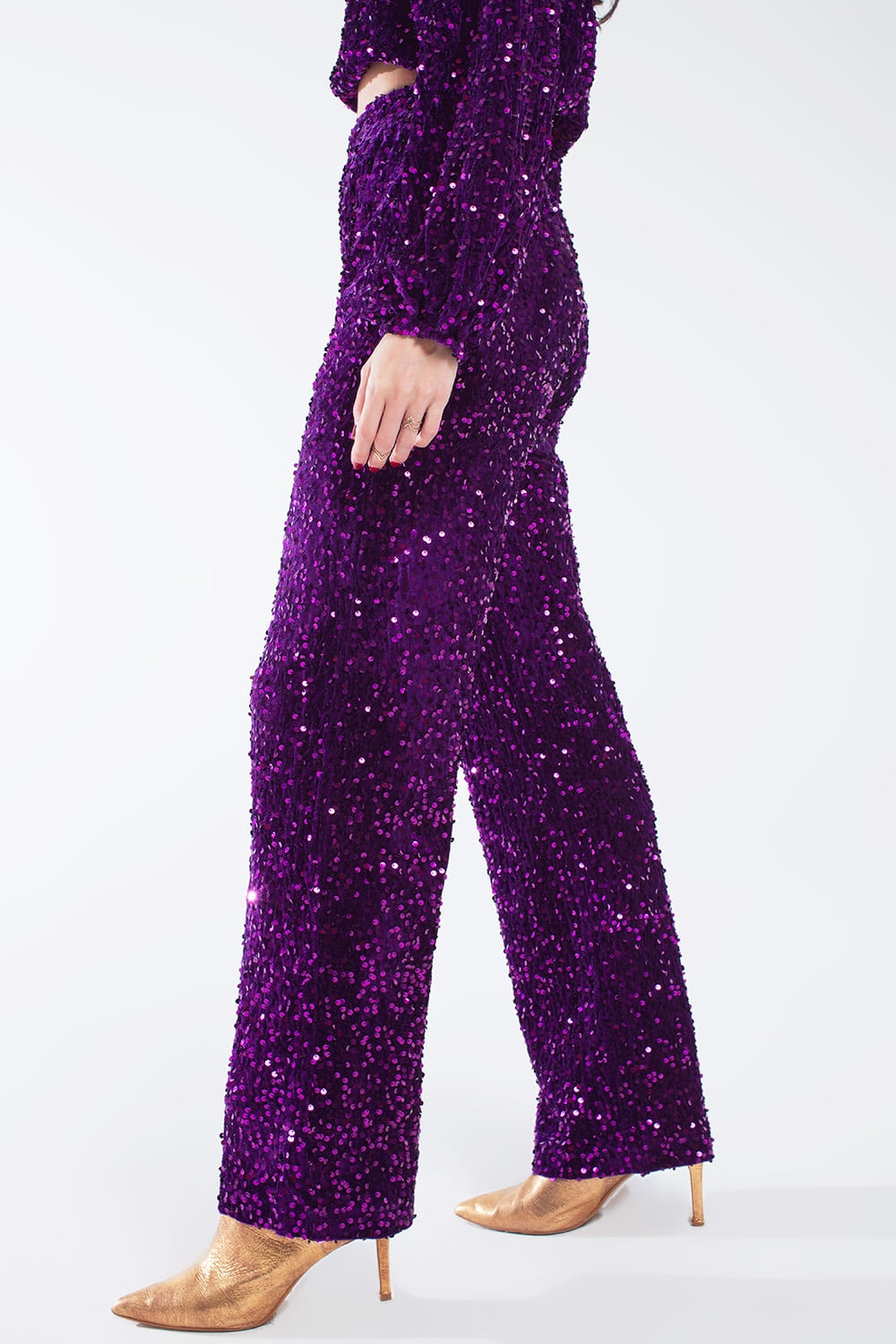 Pantalones anchos de lentejuelas con bolsillos laterales en morado Q2