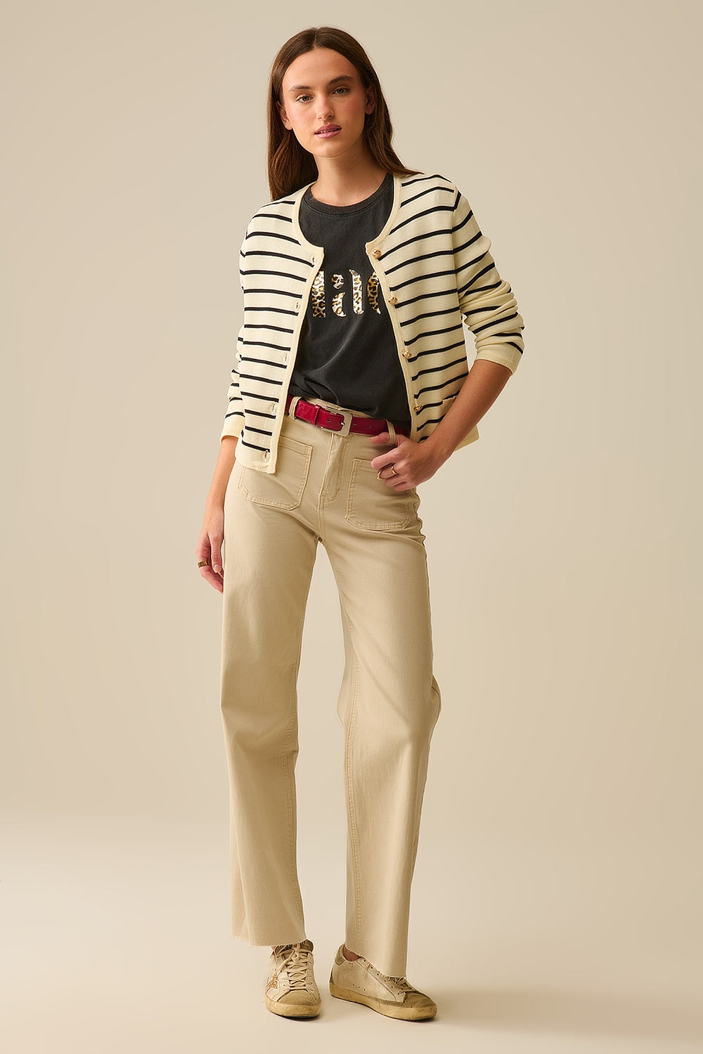 pantalones de pierna ancha con bolsillos delanteros en beige Q2