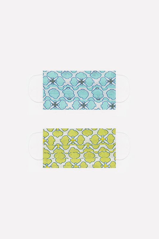 Q2 Paquete de 2 unidades Mascarilla de algodon organico estampado verde y turquesa