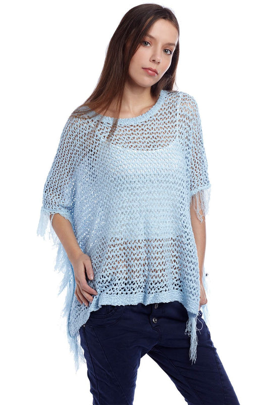 Q2 Poncho capa con flecos azul
