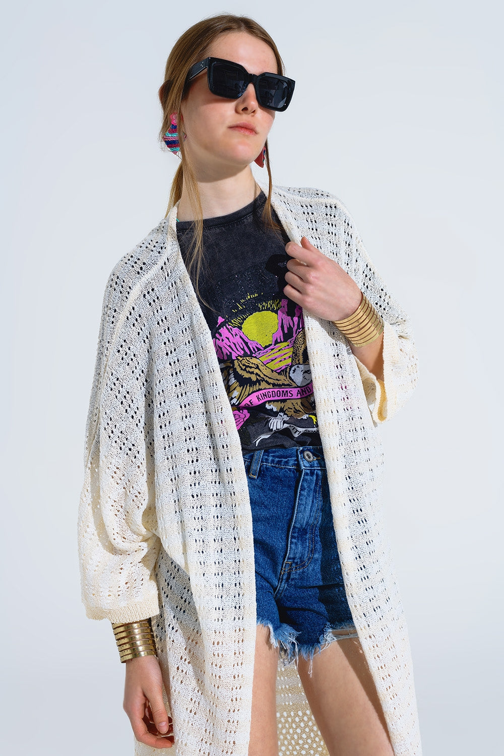 Poncho Crema Estilo Boho Con Punto Pointelle A Rayas Y Detalles De Flecos Q2