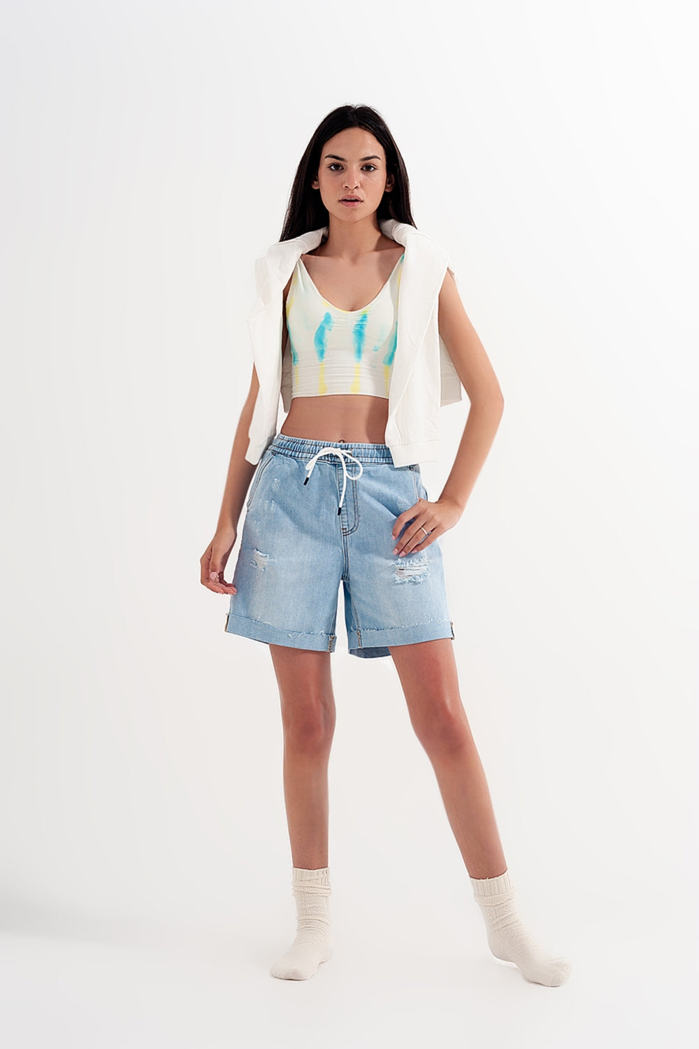 Shorts vaqueros azul medio lavado elásticos Q2