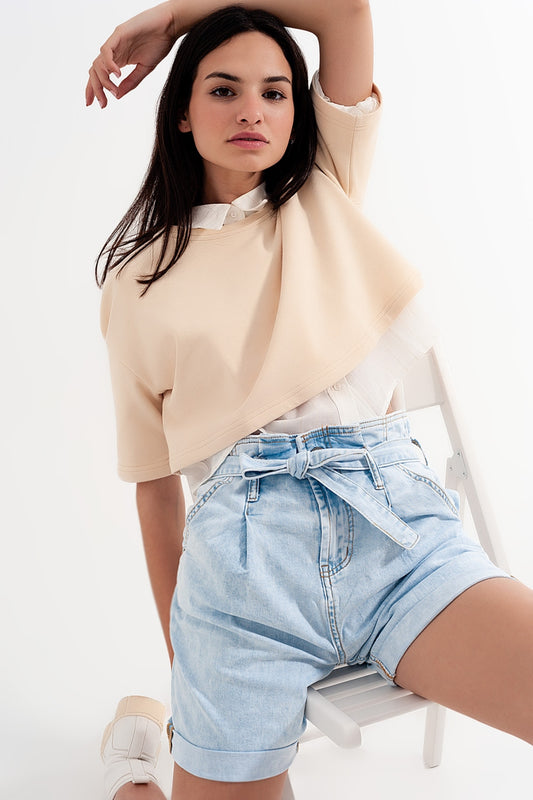 Q2 Shorts vaqueros con lavado azul claro y lazada en la cintura