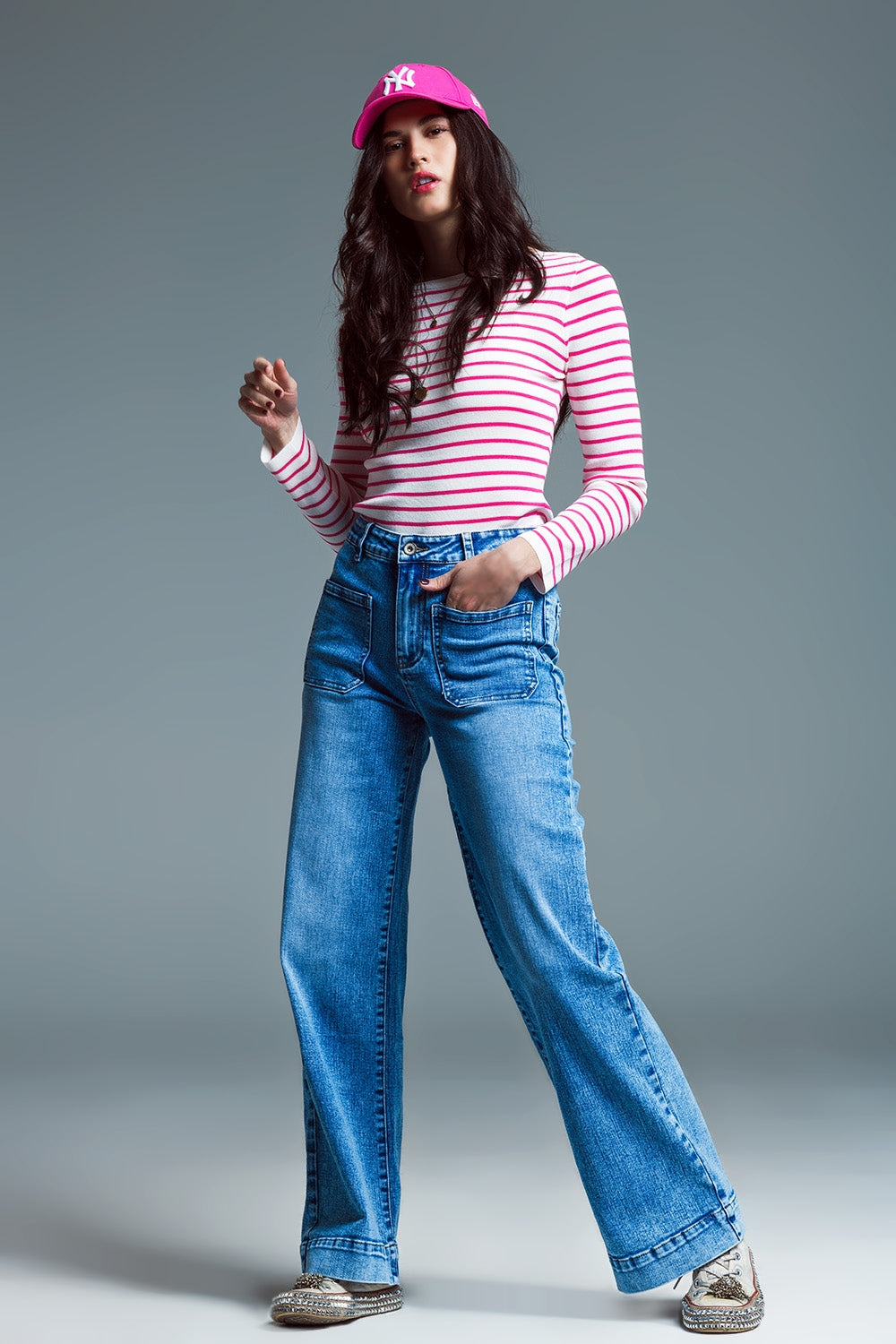 Slim Fit Suéter De Punto Fino Con Cuello Barco En Blanco Con Rayas Fucsia Q2
