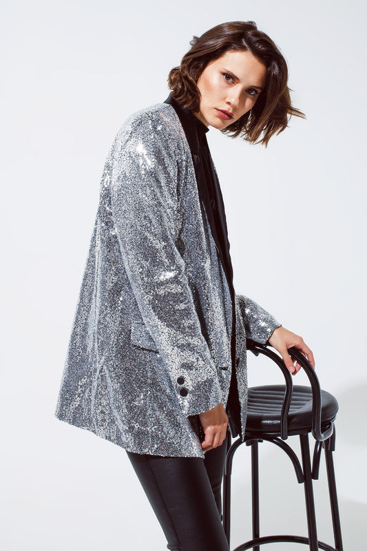 Q2 Smoquin Blazer de lentejuelas plateadas con solapas de raso negro