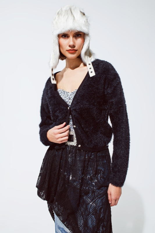 Q2 Suave cárdigan con profundo cuello en V y botones dorados