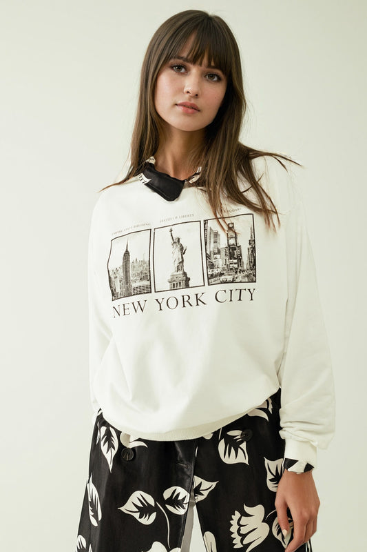 Q2 Sudadera blanco de manga larga y cuello redondo con estampado new york city