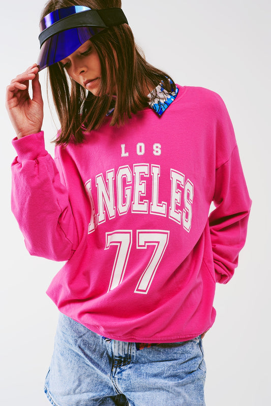 Q2 Sudadera con texto Los Angeles 77 en rosa