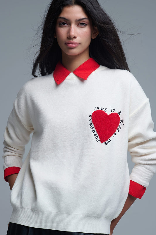 Q2 Sudadera De Punto con Corazón Bordado y Texto En Crema