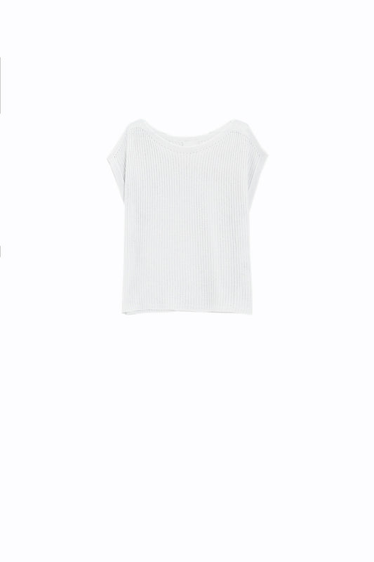 Q2 Suéter acanalado con cuello de barco y mangas cortas en color blanco