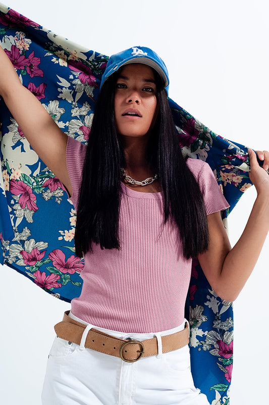 Q2 Sueter ajustada de punto de canalé con cuello redondo en rosa