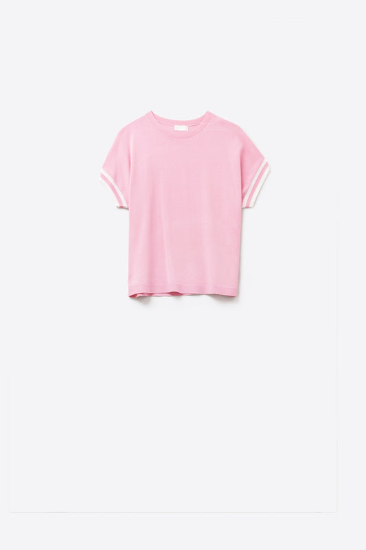 Q2 Suéter ajustado relafed en rosa con detalle de contraste blanco