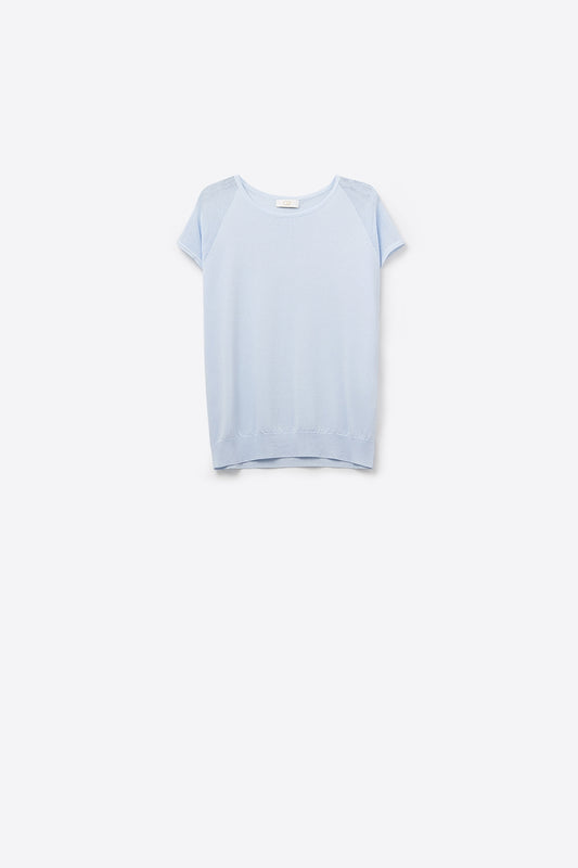 Q2 suéter azul bebé de manga corta con malla de punto en el hombro