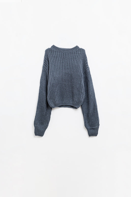 Q2 Suéter de punto grueso gris oscuro con mangas abullonadas