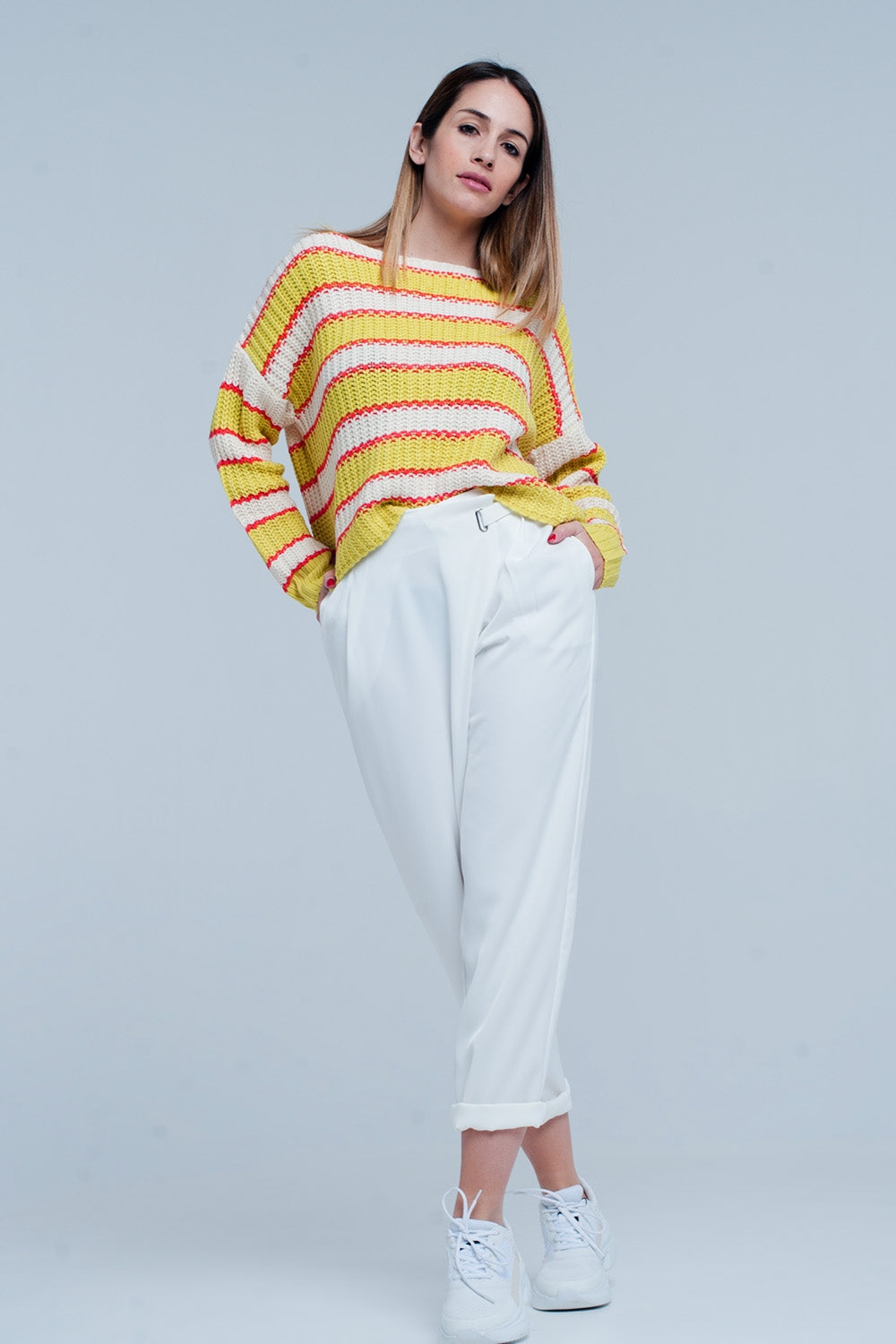 Sueter de rayas en Amarillo con escote amplio Q2