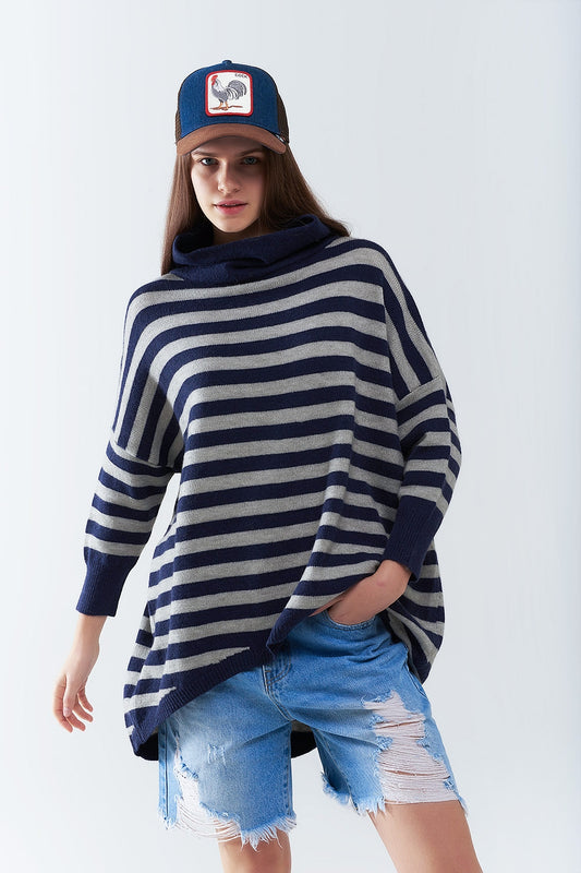 Q2 Suéter oversize de cuello alto con alas de murciélago y rayas en azul marino y gris