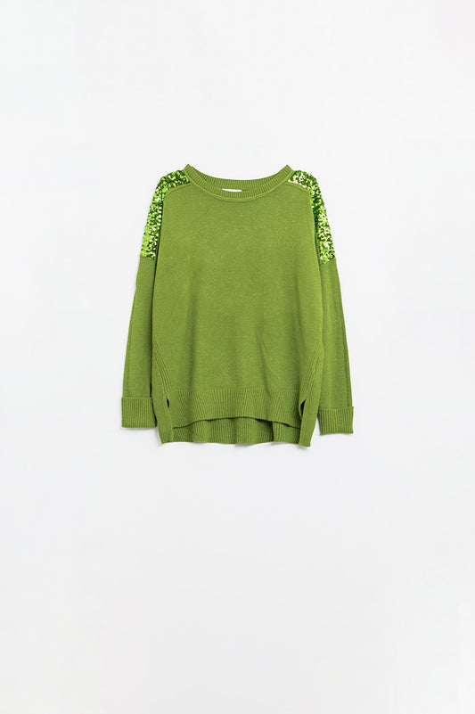 Q2 Suéter verde de manga larga con lentejuelas en los hombros