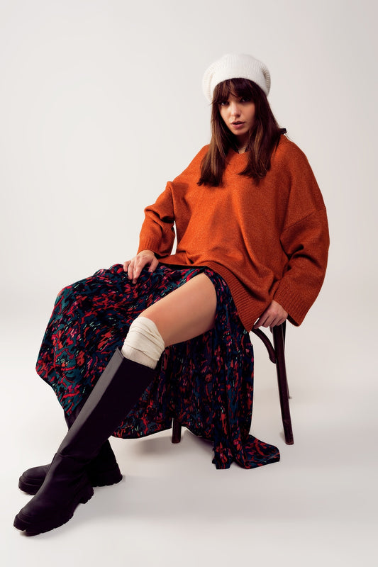 Q2 Sueter vestido de pico extragrande en color naranja