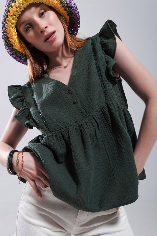 Q2 Top caqui sin mangas con volantes de algodón