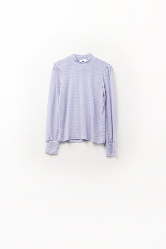 Q2 Top de encaje lila con cuello alto y detalle de puños