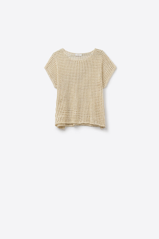 Q2 Top de punto abierto con mangas caídas de ganchillo en beige
