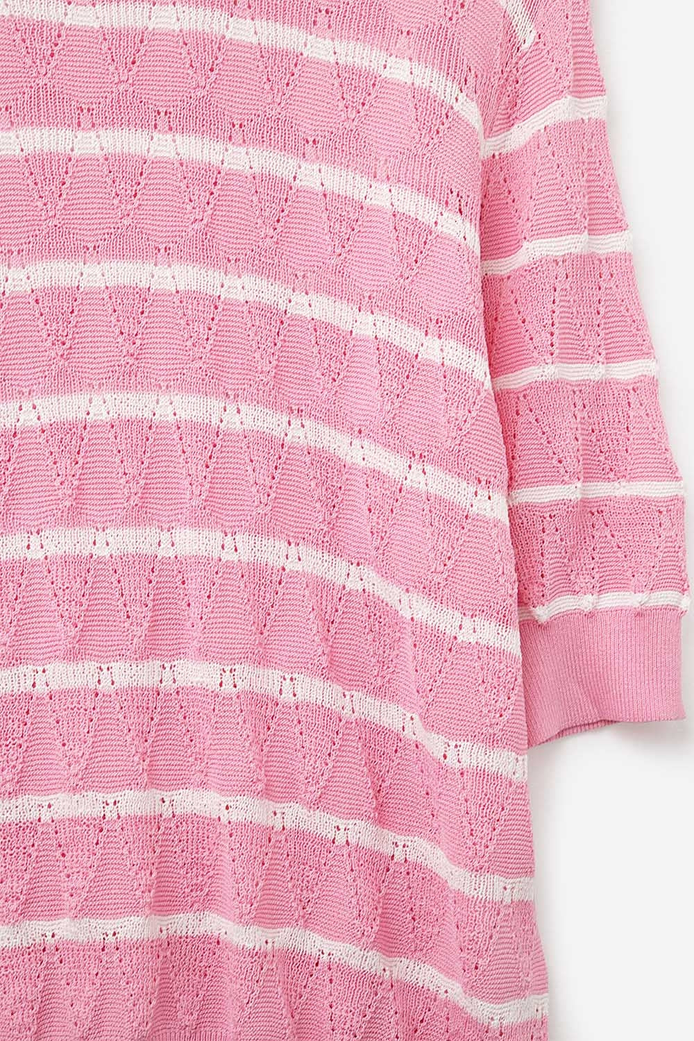 Top de punto calado rosa con mangas cortas y rayas blancas Q2