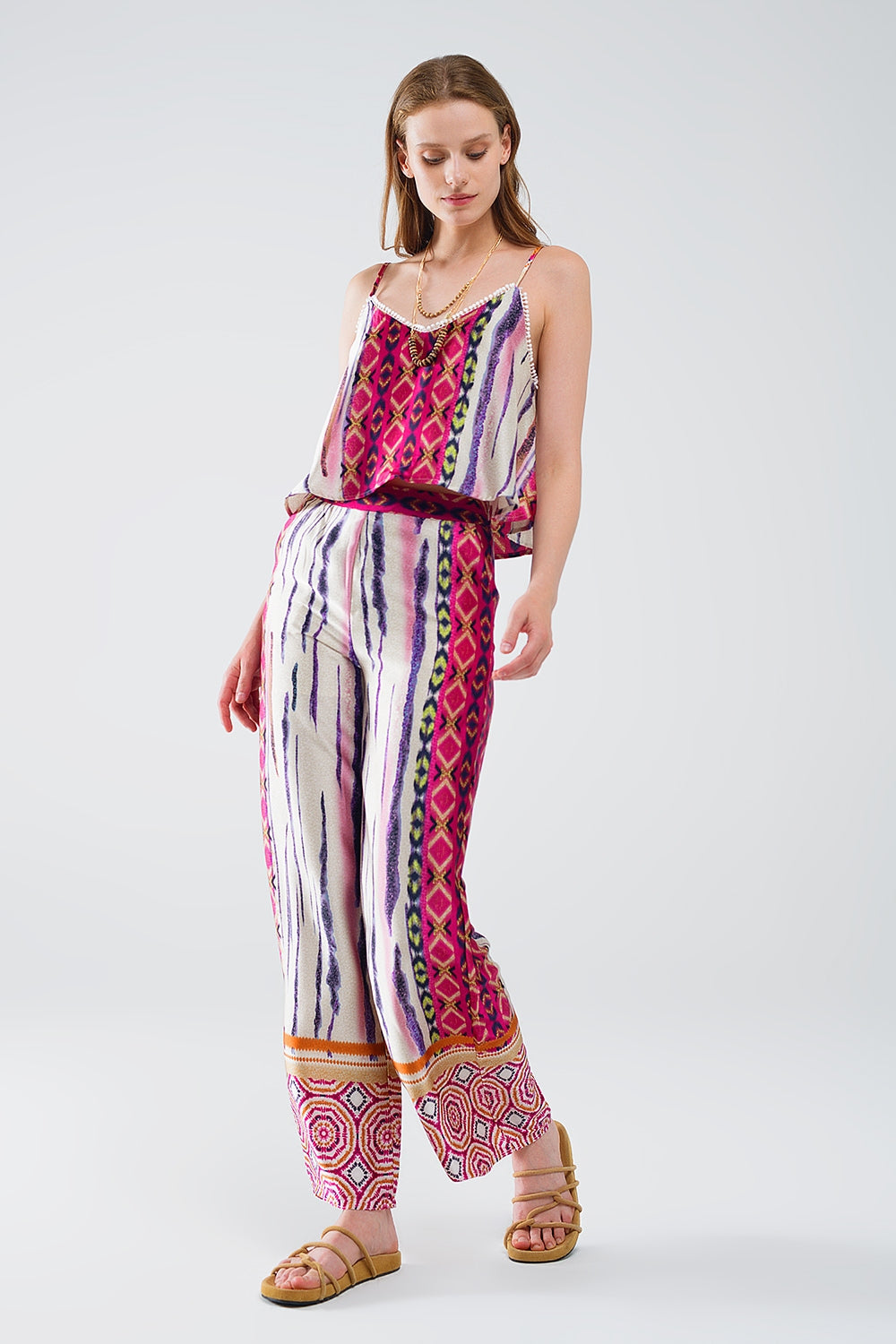Top de seda multicolor sin mangas con estampado abstracto Q2
