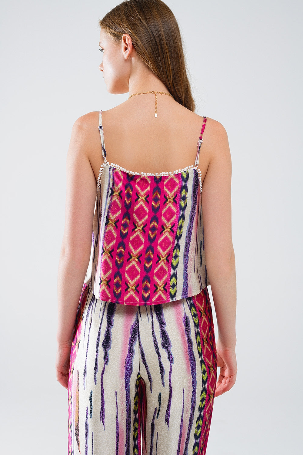 Top de seda multicolor sin mangas con estampado abstracto Q2