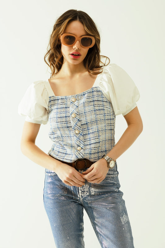 Q2 Top de tweed azul con mangas cortas voluminosas y botones de perlas