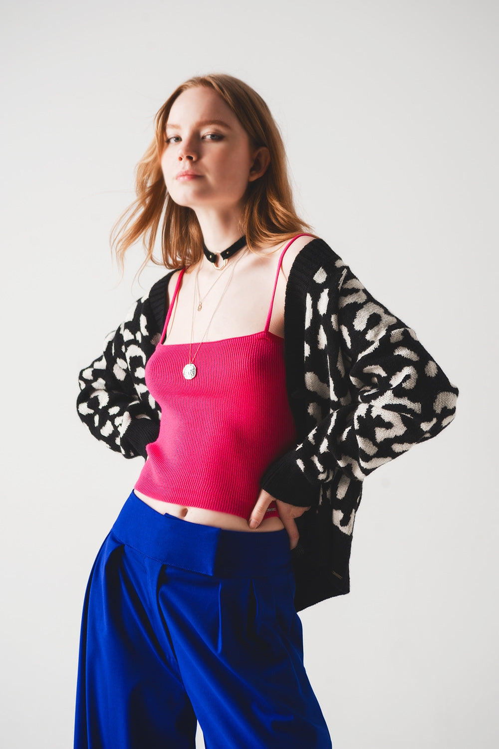 Top fucshia sin mangas de punto de canalé Q2