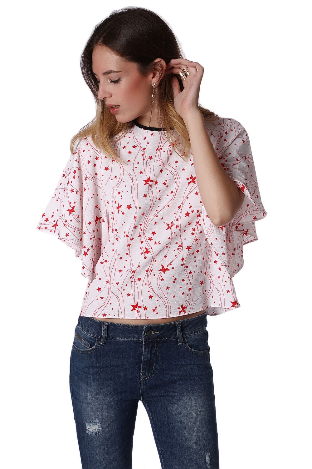 Q2 Top holgado con manga de ángel y estampado de estrellas rojas