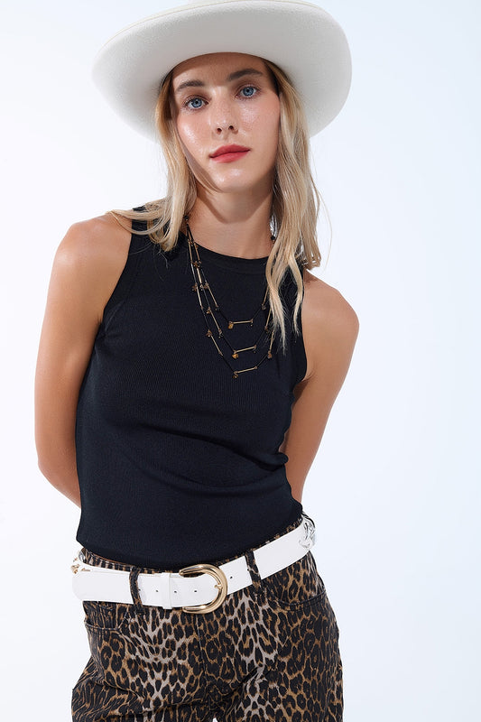 Q2 Top negro de punto fino acanalado sin mangas