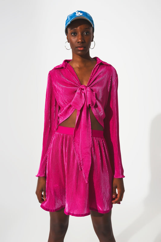 Q2 Top plisado anudado al frente en fucsia