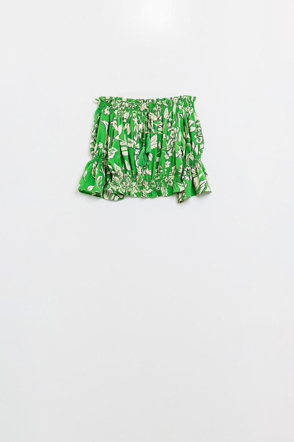 Top verde con hombros descubiertos y cintura elástica en estampado floral Q2