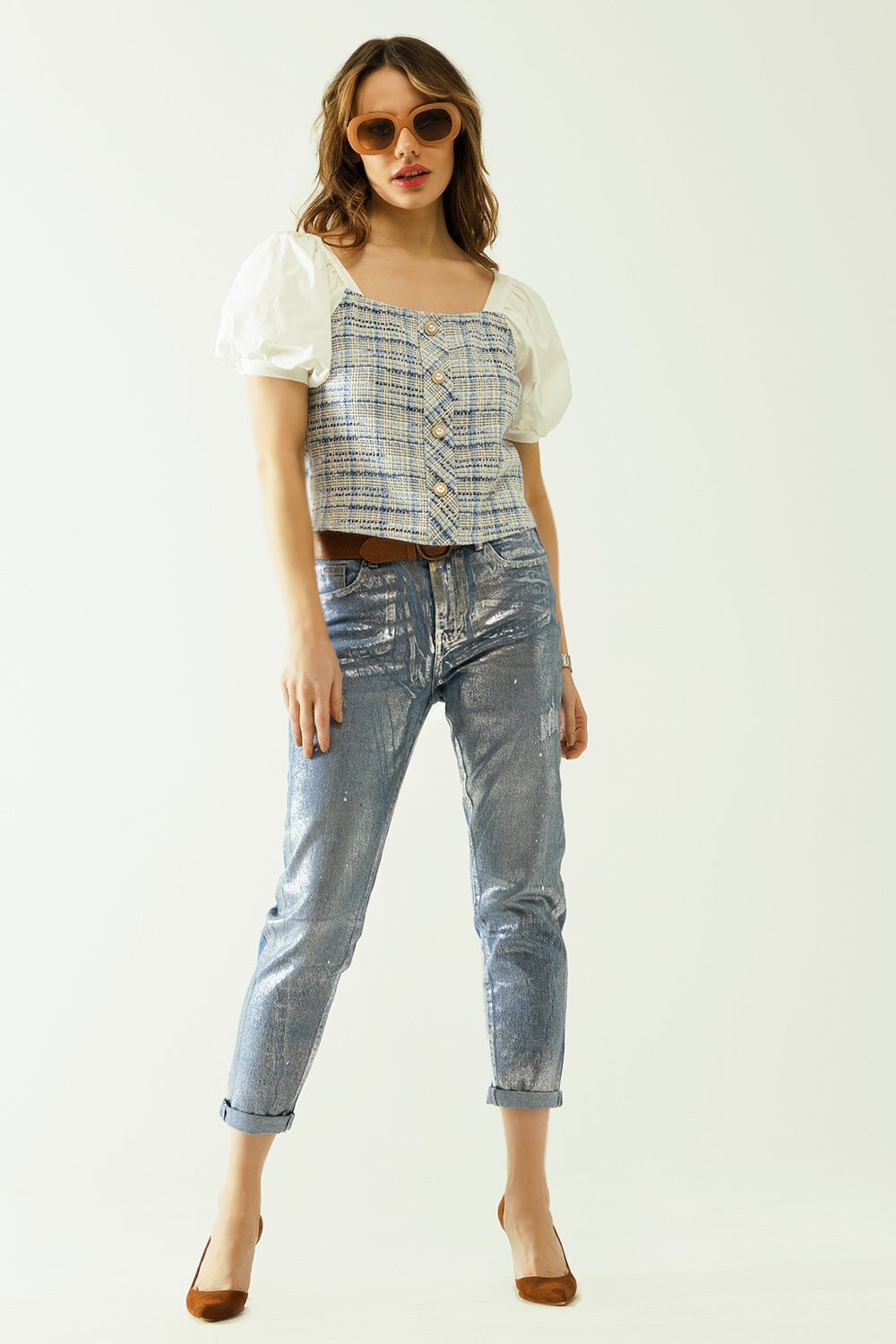 Vaqueros azules skinny con acabado metalizado en lavado claro Q2