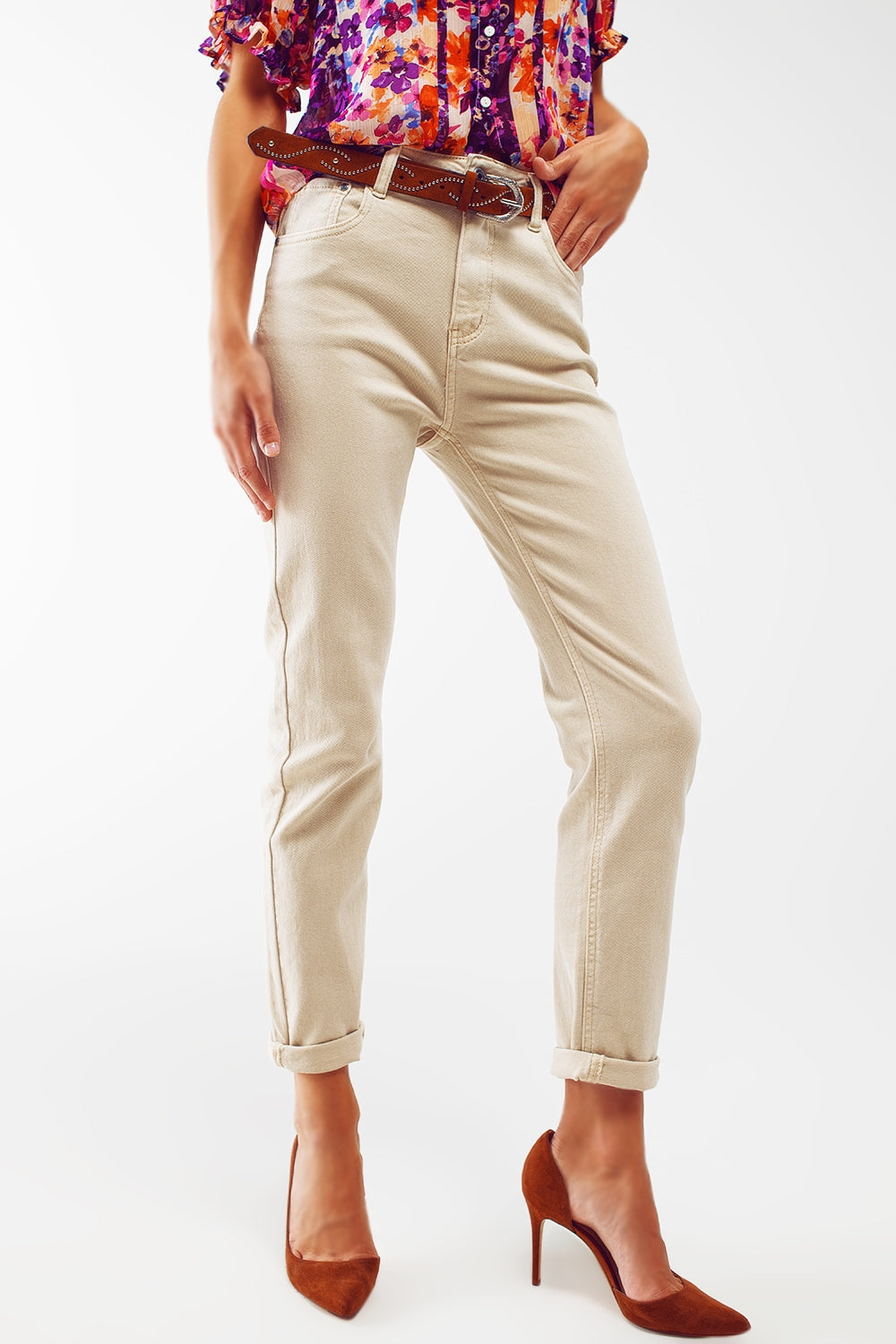 Vaqueros beige de corte pitillo de algodón elastico Q2