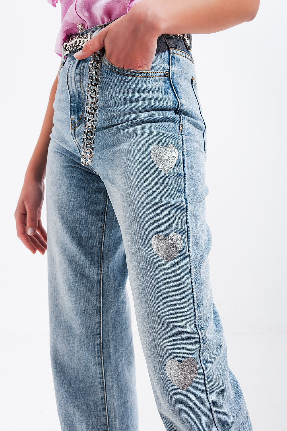 Q2 Vaqueros holgados con estampado de corazones estilo años 90