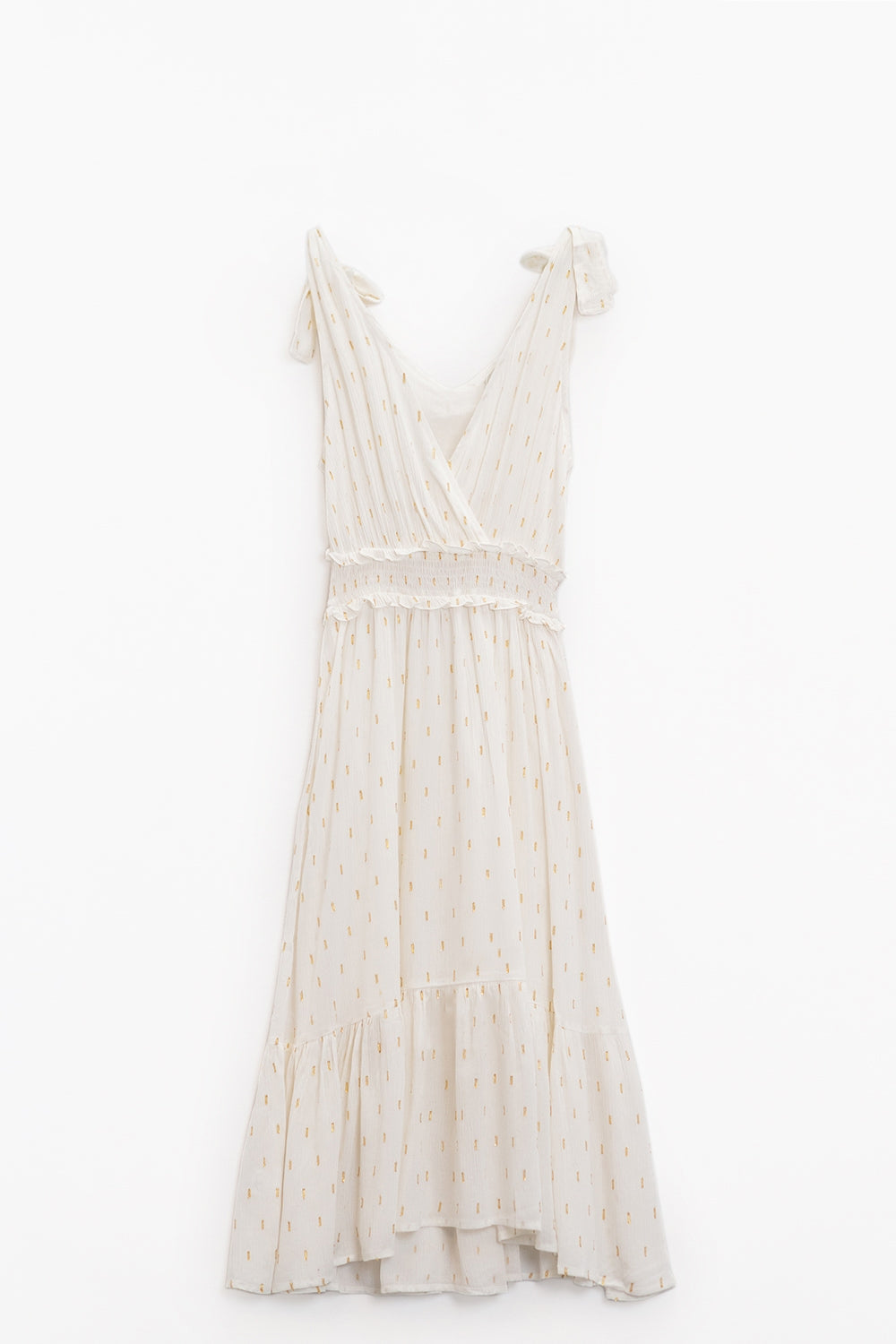 Vestido blanco midi con detalle de smock en la cintura y lunares dorados Q2