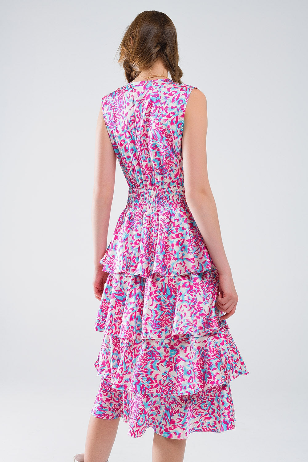 Vestido blanco midi fruncido con estampado animal multicolor Q2
