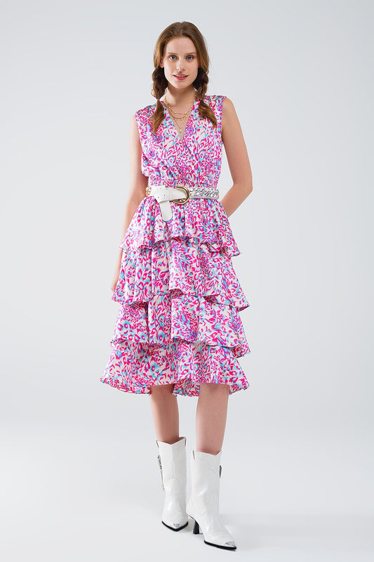 Q2 Vestido blanco midi fruncido con estampado animal multicolor