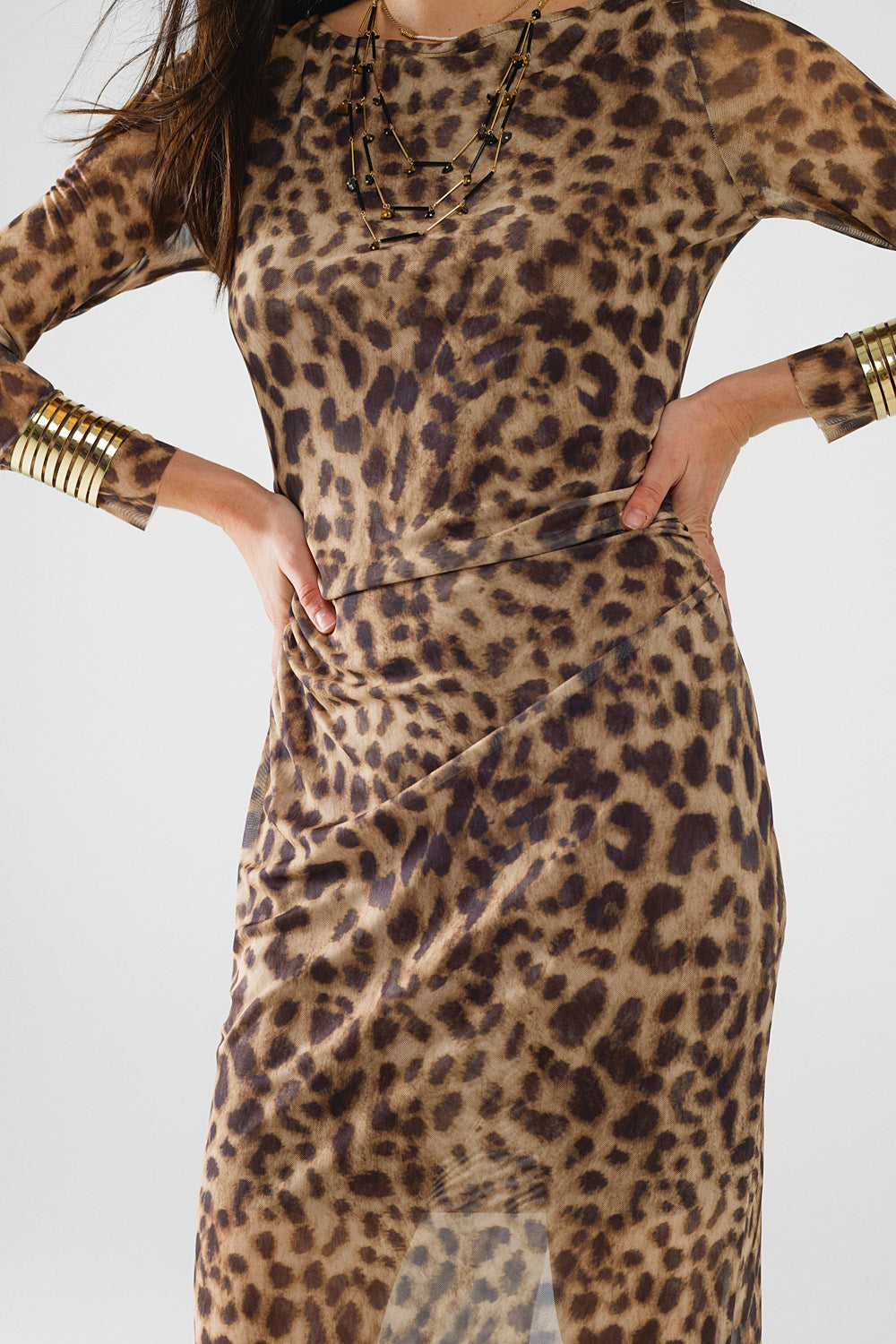 vestido bodycon midi transparente de manga larga con estampado de leopardo Q2