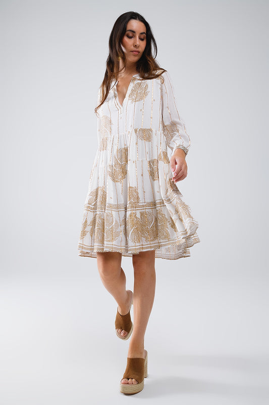 Q2 Vestido boho de manga larga con estampado de hojas y detalles de lúrex en blanco