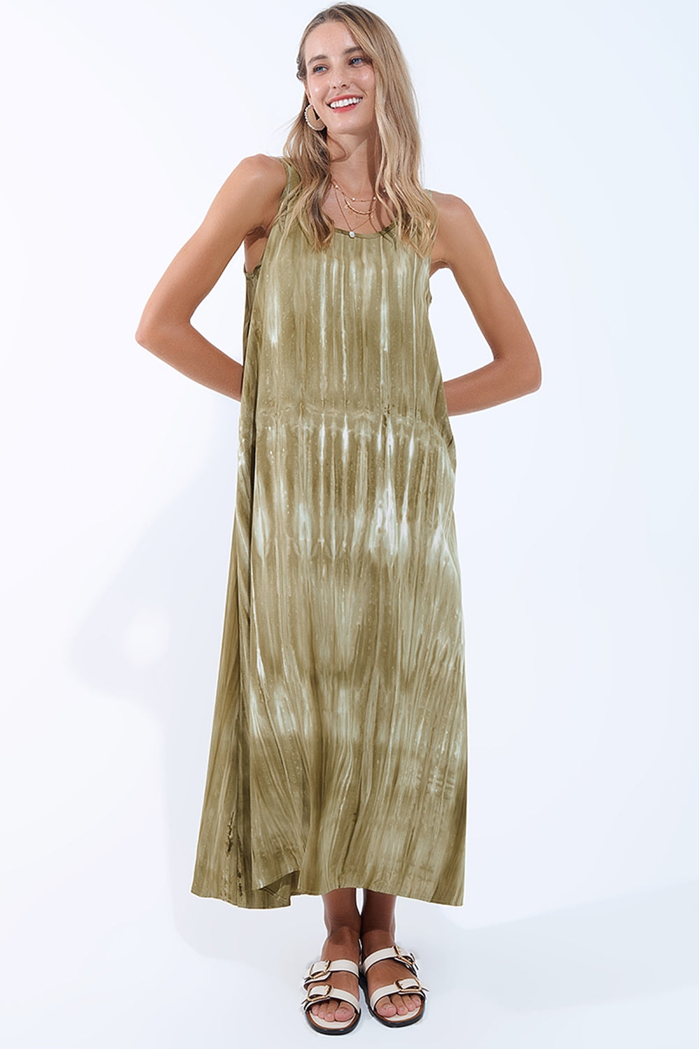 Vestido Boho Relajado en Kakhi Green Tie Dye en tejido de alta calidad Q2