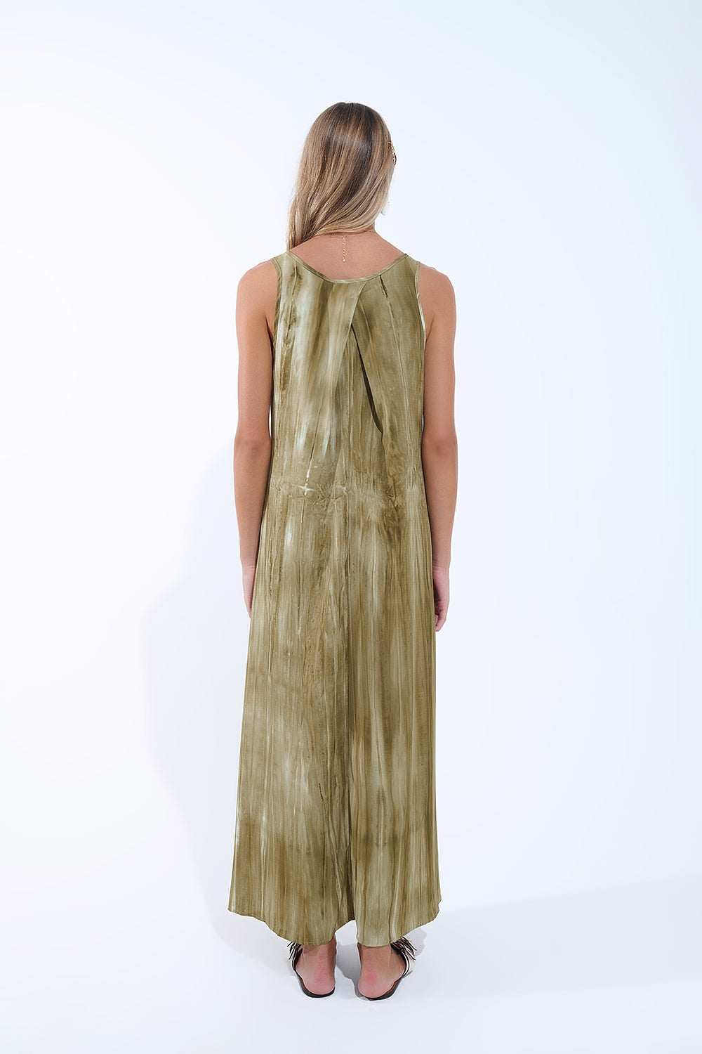 Vestido Boho Relajado en Kakhi Green Tie Dye en tejido de alta calidad Q2