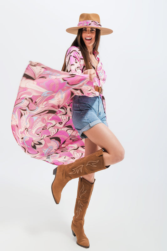 Q2 Vestido camisero color rosa con estampado abstracto